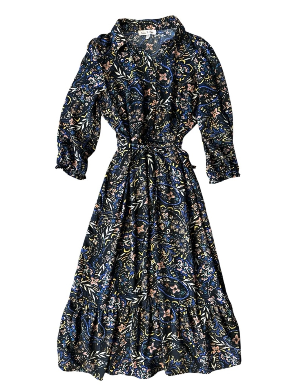 Harlow and Rose Floral Print Navy Maxi Dress. Front and Back Ties. Medium. 38” B